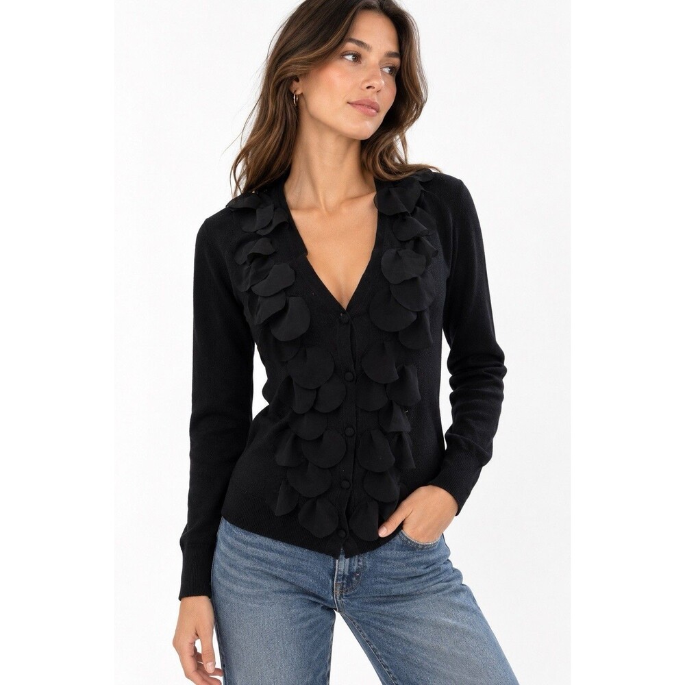 Ann Taylor LOFT Black Pima Cotton 3D Petal Appliqué Cardigan Sweater Size M